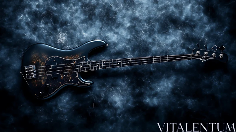 Electric bass guitar on dark textured studio backdrop.