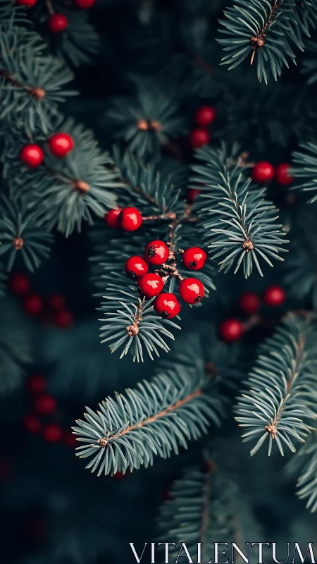 Crimson berries nestled in cool blue-green fir needles.