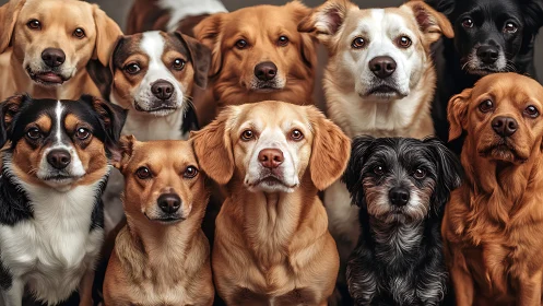 Group portrait shows mixed breed dogs staring directly forward