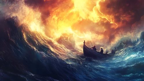 Storm-tossed longboat under blazing apocalyptic sky.