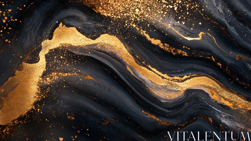 Gold pigment rivers flow across dark abstract marbled ground