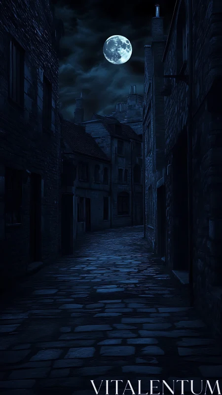 Moonlit cobblestone alley inviting quiet nighttime wonder.