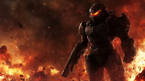 Armored sci fi soldier strides through inferno with glowing visor.