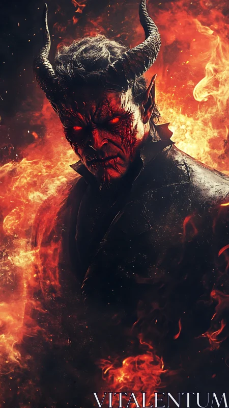 Demonic horned figure rising through inferno flames in darkness.