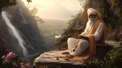 Gentle sage in golden mountain sunrise, resting in stillness.