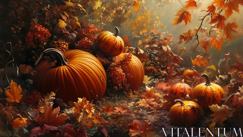 Autumn pumpkins resting among fallen golden leaves.