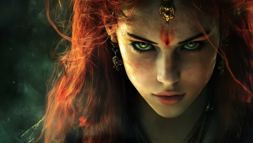 Fierce red haired warrior woman with intense green gaze.