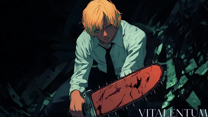 Blond anime fighter holding bloodstained chainsaw.