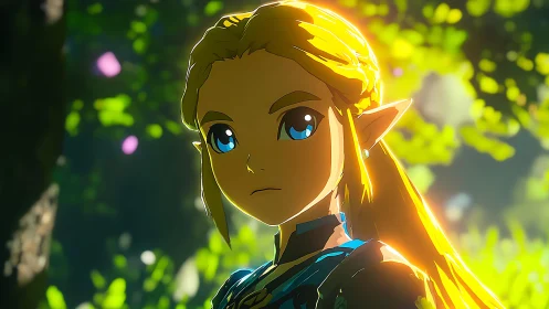 Sunlit elf heroine with glowing blonde hair in forest.