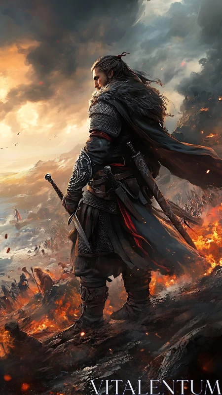 Warrior overlooking burning battlefield under storm skies.