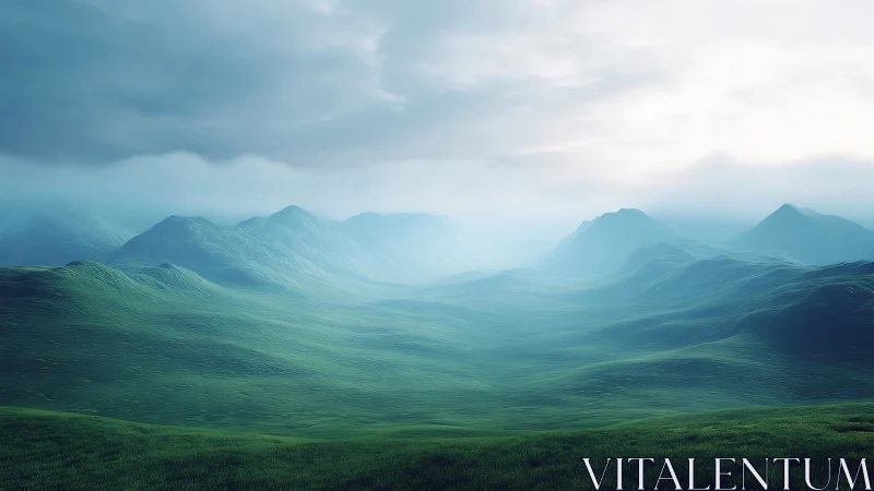 Mist-veiled emerald valley with layered mountain silhouettes.