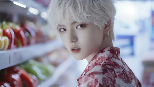 Soft-lit shopper gazes back among colorful market aisles.