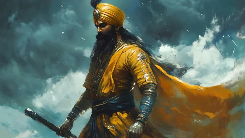 Warrior in golden turban standing against stormy sky.