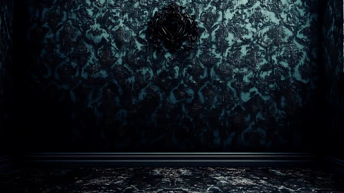 Dark ornate room shows glossy baroque damask wallpaper