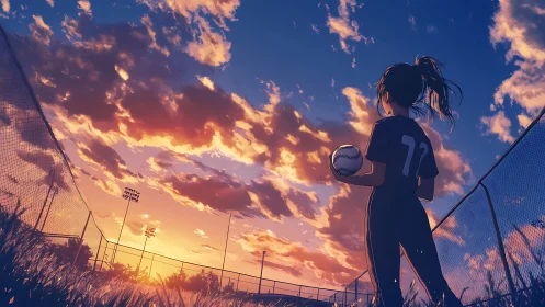 Softball player watching sunset over empty field.