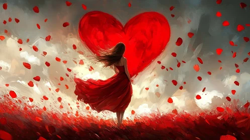Woman in Red Dress Holding Massive Glowing Heart Symbol