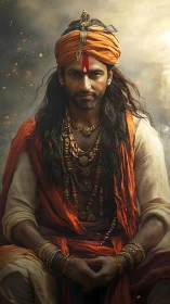 Warrior mystic portrait with dramatic warm lighting and ornate jewelry