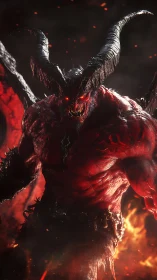 Infernal horned demon rendered in high contrast molten reds