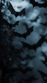 Nocturnal bat swarm in high-contrast moonlit forest sky