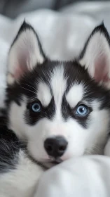 Bright blue-eyed husky puppy resting in soft white blankets.