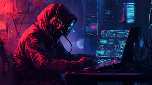 Neon hooded hacker conducts midnight code alchemy online