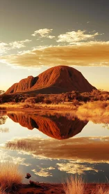 Photorealistic desert monolith reflected in still water at dusk.