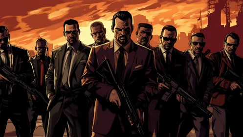 Determined crew strides forward under a burning city sky.