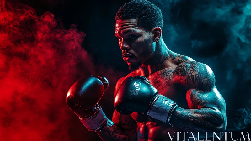 Champion's Shadow: Tattooed Boxer Emerges Through Crimson Haze.