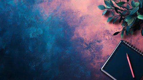 Notepad with pencil on textured teal and coral workspace surface