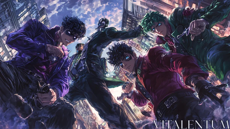 Dynamic anime street ensemble in extreme low-angle perspective.