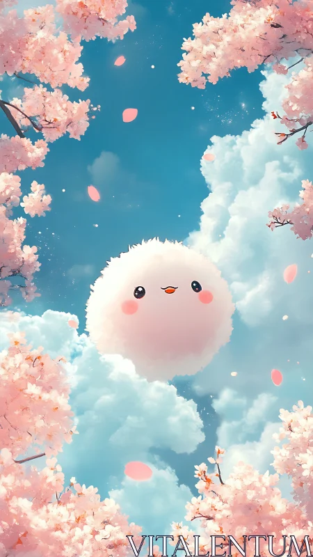 Fluffy sky sprite drifts through cherry blossoms and dreams