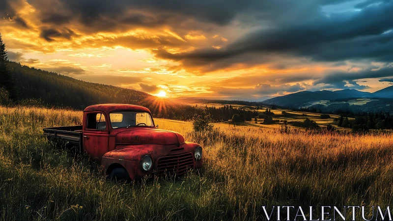 Weathered red flatbed truck anchored in sunlit rural grassland at dusk