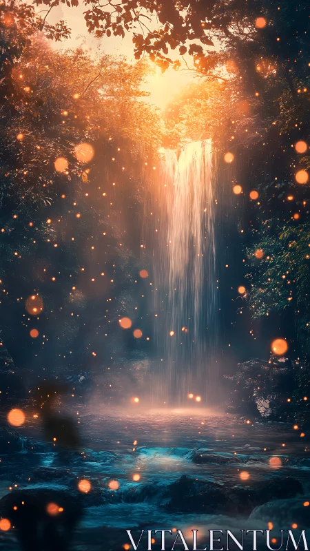 Mystical forest waterfall with glowing light particles.