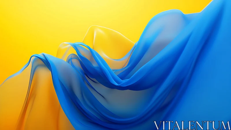 Billowing blue waves of fabric flow across a golden sky