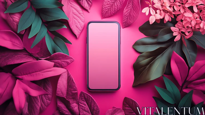 Smartphone Mockup Surrounded by Vibrant Pink Botanical Elements.