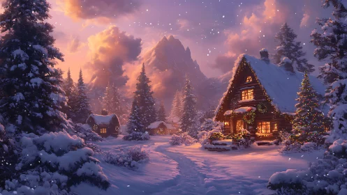 Snowy mountain cabins with warm Christmas lights at dusk.