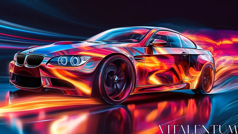Rendered sports coupe moves through neon light streaks