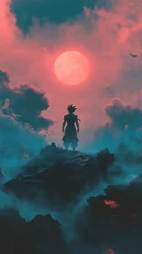 Warrior silhouette under red sun in misty fantasy sky.