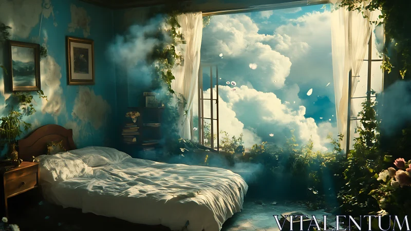 Bedroom interior merging with cloudscape beyond window.
