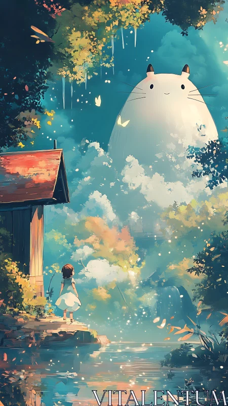 Girl meets gentle forest spirit beside a glowing river.