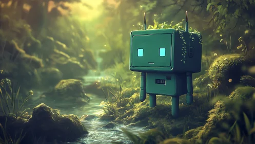 Small teal forest robot observes glowing creek at dusk