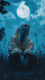 Hooded figure in field under full moon with blue lighting.