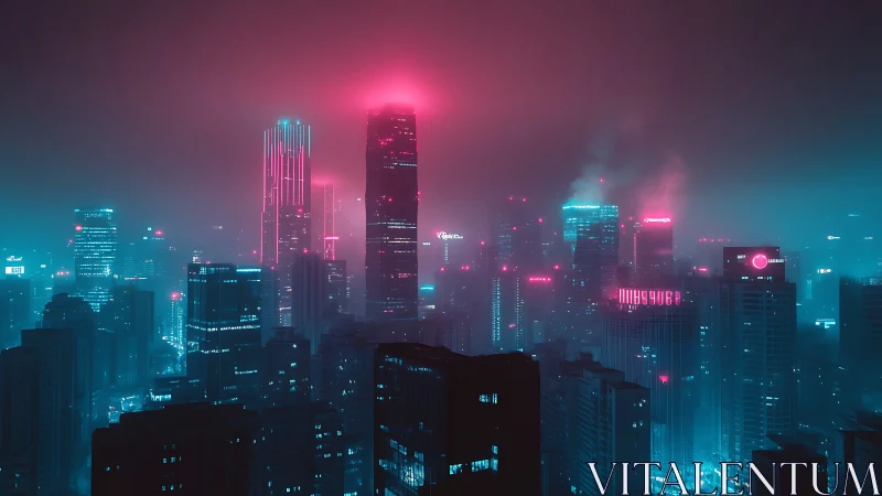 Neon lit cyberpunk skyline in dense atmospheric fog.