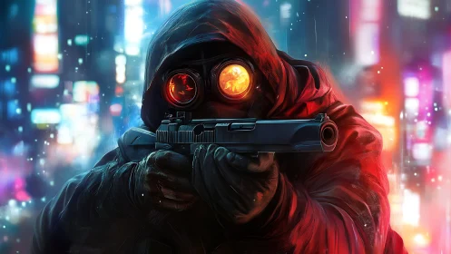 Neon-hooded marksman aims through blazing cyber goggles.
