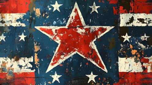 Weathered red star over distressed patriotic stripes.