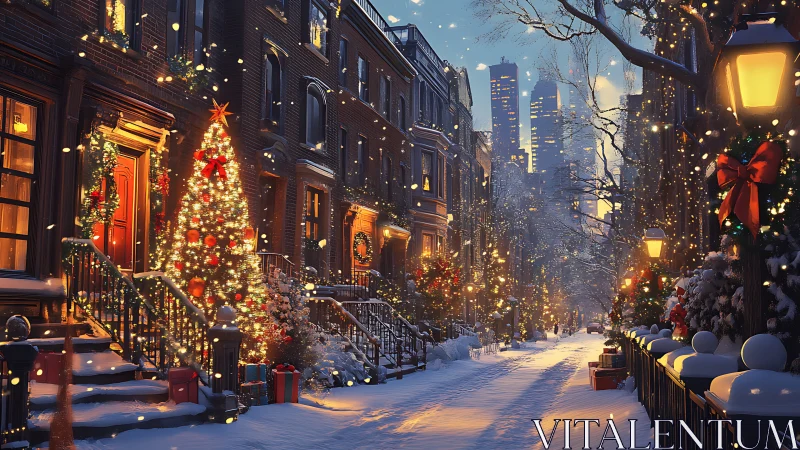 Cozy city street glowing with snowy Christmas magic at dusk.