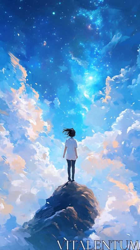 Solitary figure observing expansive starry sky from peak.