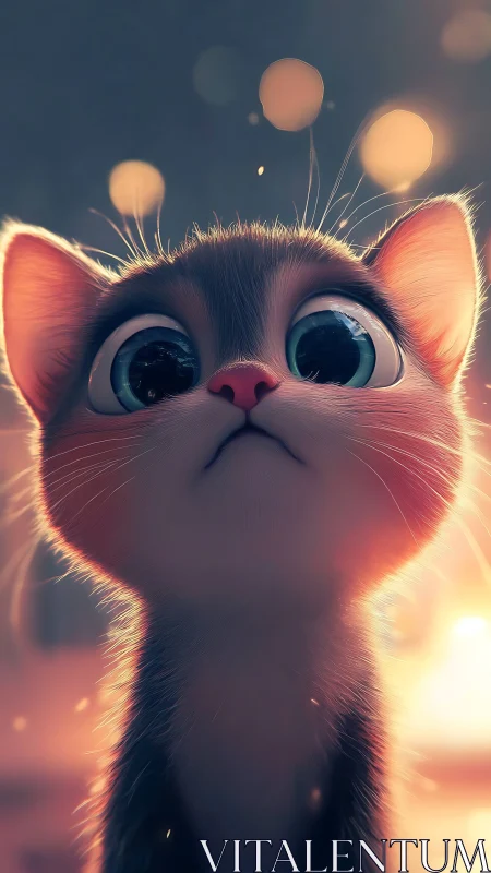 Wide-eyed kitten gazes upward through warm bokeh light.