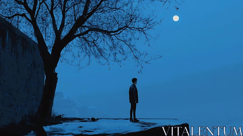 Quiet cliffside moonwatch with a lone dreamer at dusk.