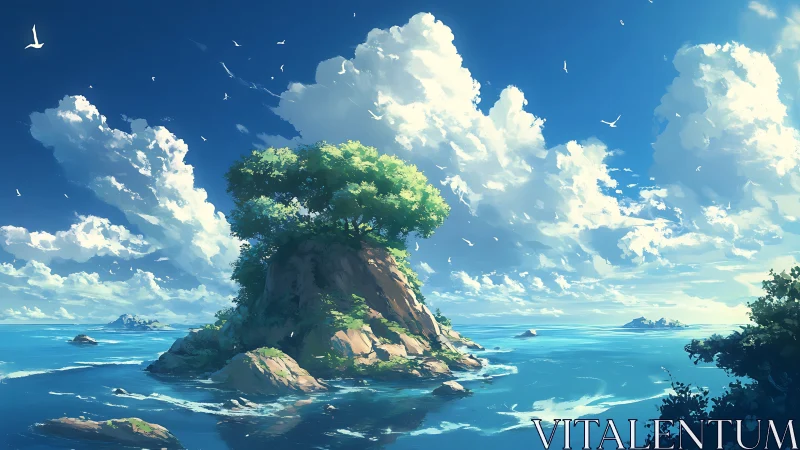 Isolated rock formation with tree canopy beneath cumulus clouds.